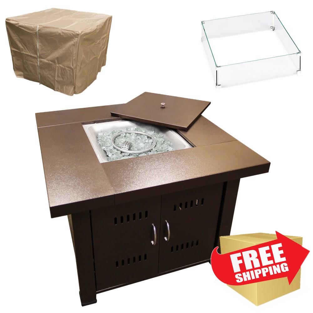 Square Fire Pit In Hammered Bronze with Cover and Wind Glass